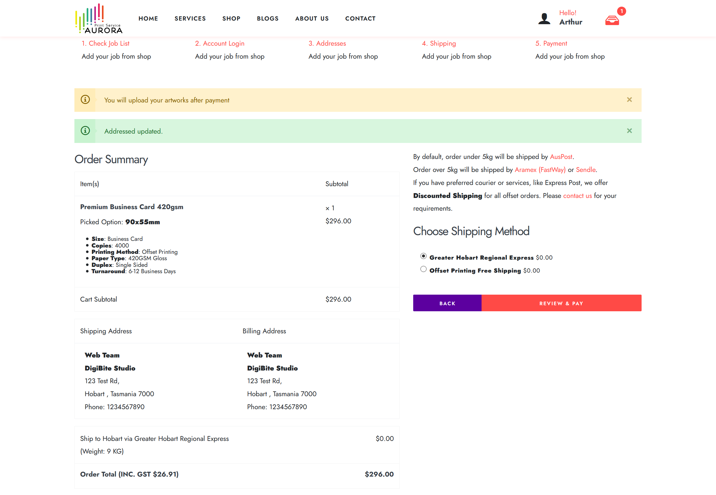 Aps commerce checkout shipping